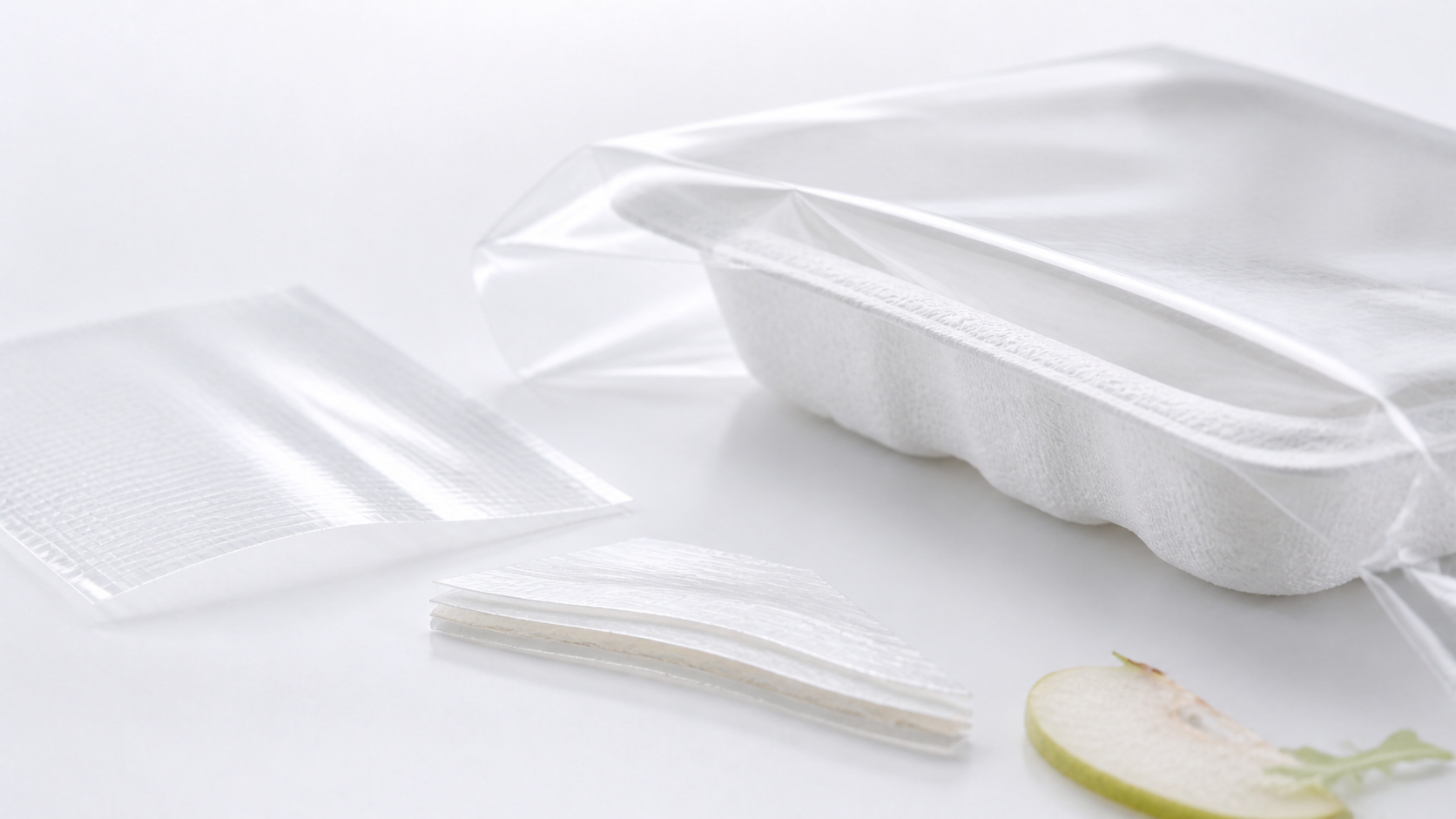White food packaging materials and fresh produce representing packaging development